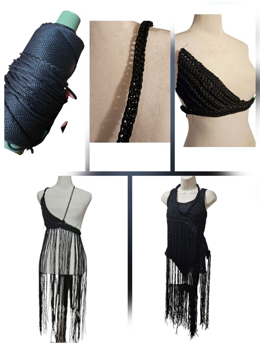 BLACK HAND CRAFTED CROCHET FRINGE HALTER TOP VNECK 2-WAY FESTIVAL BEACH COVER UP - Picture 14 of 17